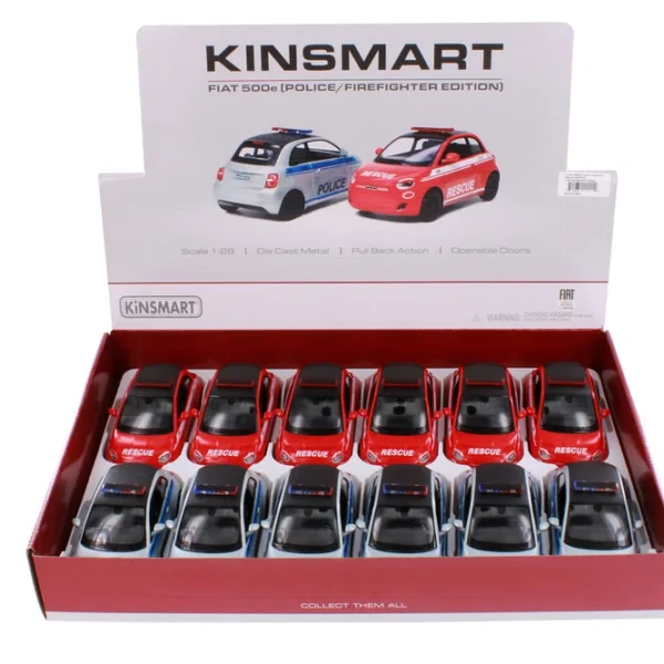KiNSMART FIAT 500e Police & Firefighter Rescue Edition | 1:28 Scale Die-Cast Metal Model Car | Pull-Back Action, Openable Doors – KTS440DPR (EOS Series)