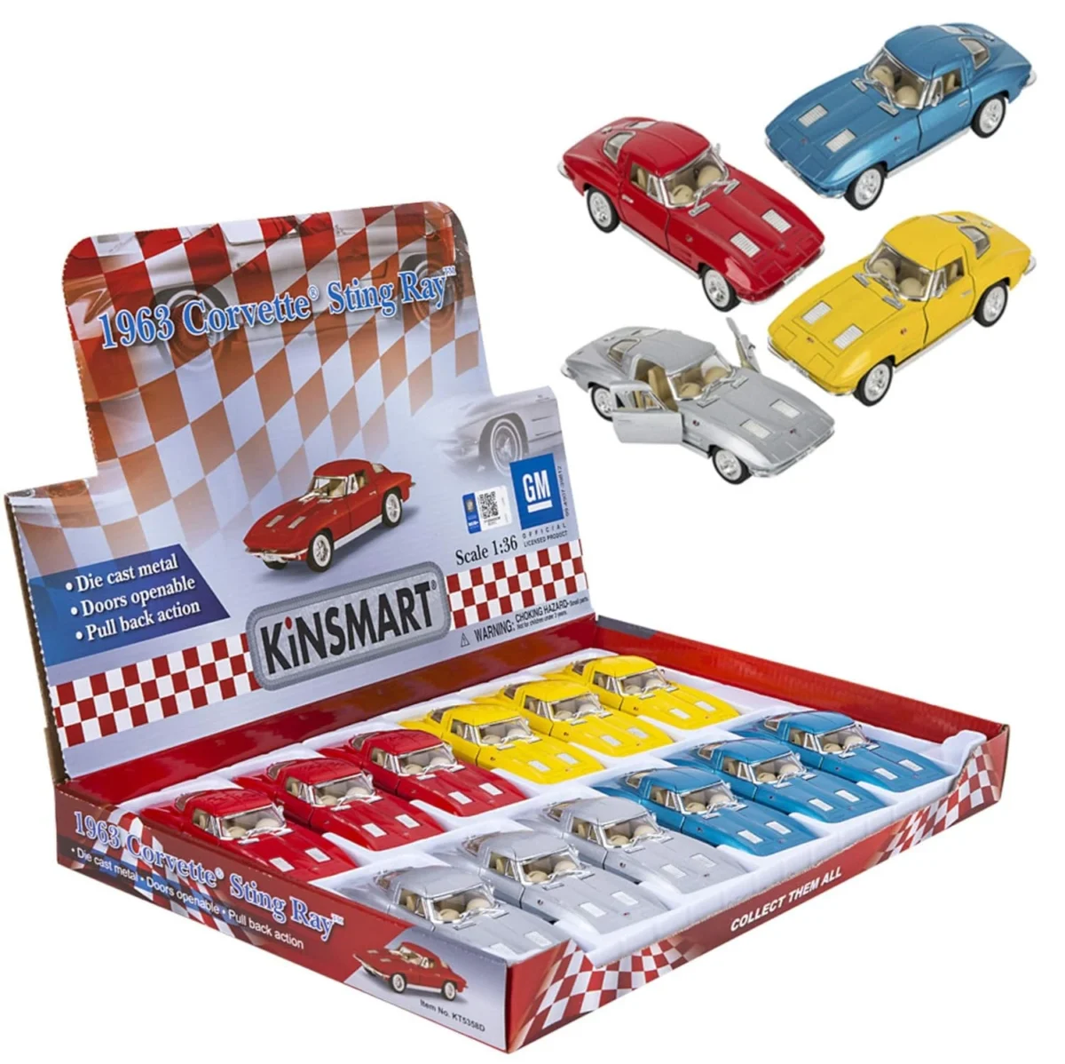 KiNSMART 1963 Corvette Sting Ray™ | 1:36 Scale Die-Cast Metal Model Car | Pull-Back Action, Openable Doors – KT5358D (FOS Series, 1x12) - Image 1