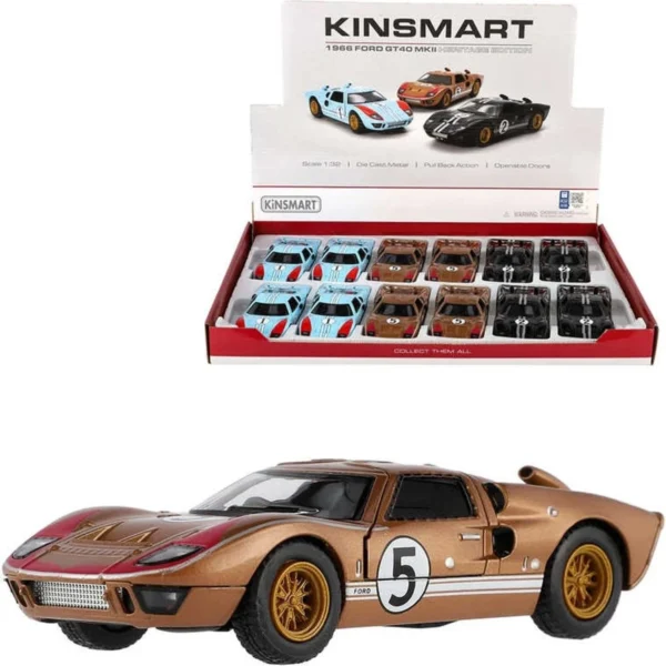 KINSMART Ford GT40 MKII Heritage 1966 | 1:32 Scale Die-Cast Model Car with Pull-Back Action & Openable Doors – 13cm, 3 Colors